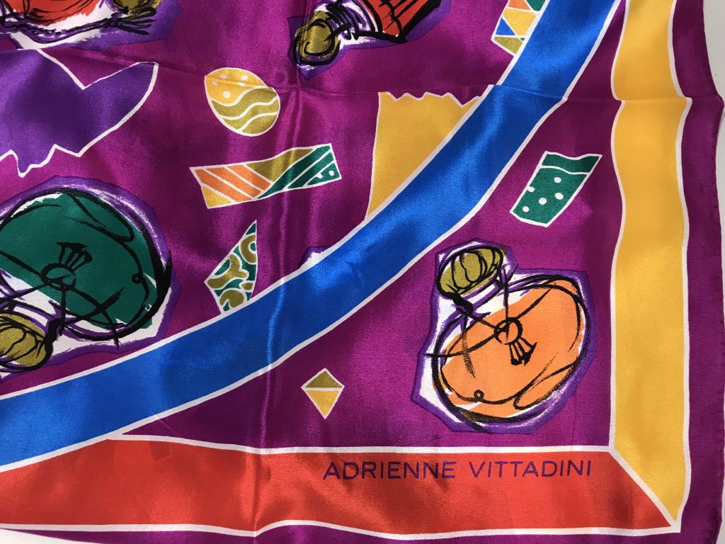 ADRIENNE VITTADINI Perfume Bottle Scarf: Vintage VITTADINI Silk, square, soft, bright colors, vintage perfume bottles & alphabet decor. 35 x 35 in. Luxury Designer, fashion accessory, ladies fashion and wearables, printed Adrienne Vittadini,