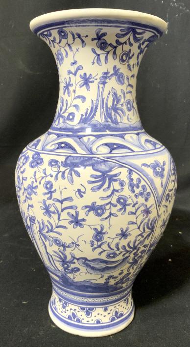 Signed Hand Painted Ceramic Vase, Portugal: Blue and white ceramic vase, easel, decorative accessory, measures app 10 inches, signed underside Bernardo’s hand painted Portugal, table ware, arts and crafts, decorative arts and accessories