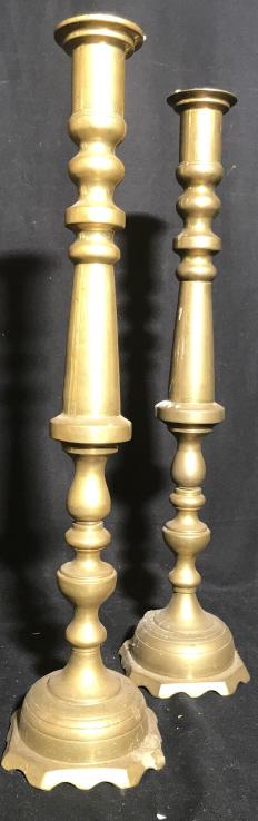 Pair Large Brass Candlesticks: Tall brass candlesticks, tableware, statement table top accessories, altar candles, measure ht app 25 inches, diameter base app 7 inches