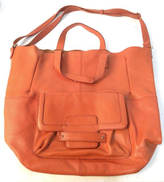 Banana Republic Kristina Tote, Orange: Split cow hide leather Banana Republic Kristina tote bag. Interior includes magnetic closure, outer pocket with magnetic closure, small inner pocket with zipper. Bag measures at approx 15 inches in he