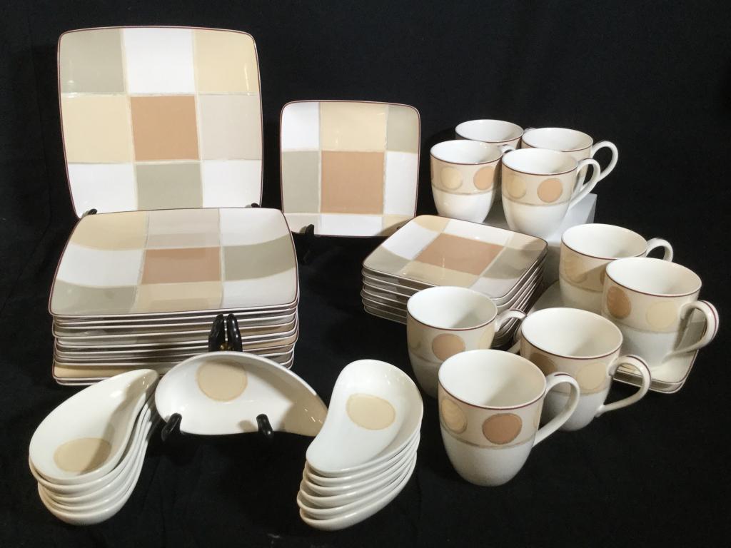 Set 42 Noritake Modern Square Dishes & Mugs: Pattern is called Mocha Java. All items are Microwave, Oven, Dishwasher & Freezer Safe. Hallmarked Below. 11 dinner plates, 2 have a chip, measure approx 10.5 x 10.5; 10 salad plates, 2 have a chip, m