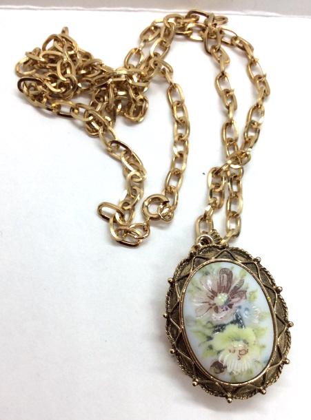 RONDISSE Fragrance Necklace: LUZIER With original box, gold toned locket pendant with painted porcelain plaque. measures approx 14 in. Jewelry, women’s vintage costume estate jewelry, wearable, fashion accessory. 4