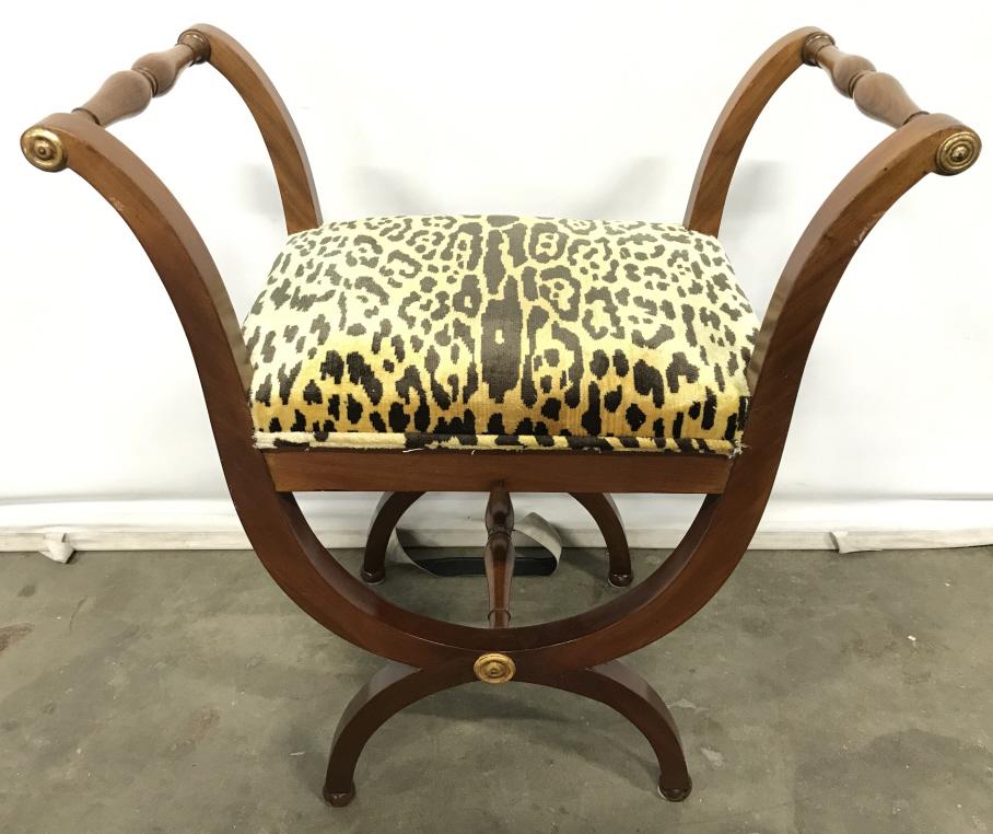 DorothyDraper Cheetah Print Upholstered Benches: 2 Dorothy Draper Style Regency Style Cheetah Print Upholstered Benches, cheetah print Clarence House silk velvet, possibly recovered antique benches, brass florette details. Benches have carved wooden