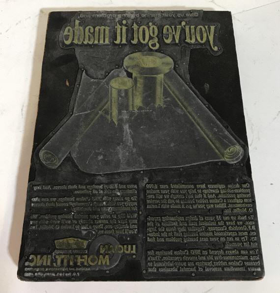 Vintage BFGoodrich Wooden Ink Block: Reads "Give us your Marine Bearing Problem and You've Got It Made, Lucian Moffitt inc BF Goodrich Cutlass Bearrings. Advertisment printing block, industrial ads,Vintage wooden ink block measuring appr