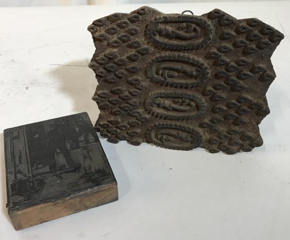 Lot 2 Vintage Wooden Print Blocks: Lot of 2 vintage print blocks. Smaller block depicts a man ringing a bell. Print sample is attached to the back. Possibly dated/signed. illegible Characters evident on side. Appears to be handmade. La