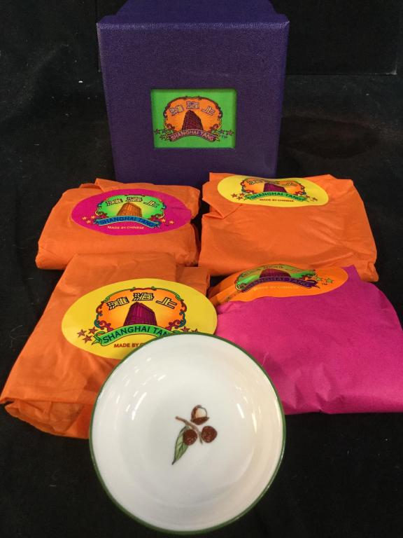 SHANGHAI TANG Boxed Hand Paint Porcelain Dishes: Gift Box with 5 fine Bone China dipping dishes, tea bag holders, Trinket dishes, decor. 1 Display dish and 4 wrapped in tissue paper with Maker’s label. Underside mark reads Shanghai Tang, Made in C