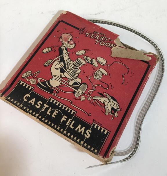 PAUL TERRY TOONS CINEMA REEL “A BULLY FROG”: “Vintage cinema reel 100N. LABLED Terry 100N COMPLETE EDITION 8MM. 730. A BULLY FROG” Produced by castle films. Some of the original reel is ripped. Comes in original cardboard sleeve. Cinema reel