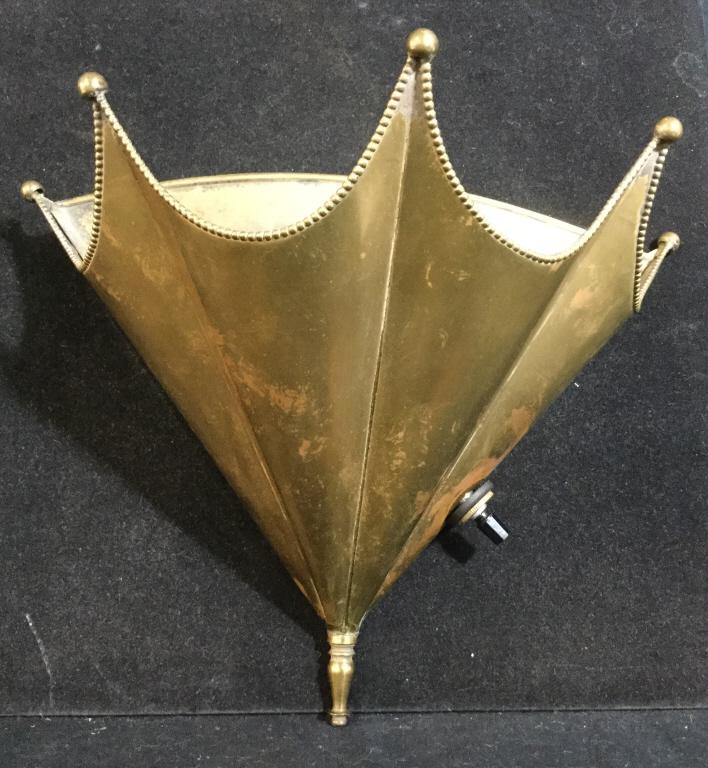 Vintage Brass Sconce: 11 x 5.5 x 10 in. Beaded trim, Metal Decor, turn switch, hanging holes, Brass. Surface marks from age. Lighting, Wall Sconce, Brass Lighting, Vintage Sconce, Beaded Metal Decor, Art Metal, Interior Ho