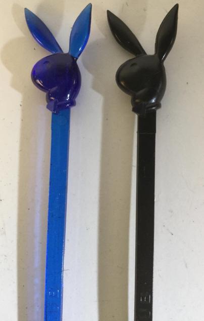 Set Playboy Club Cocktail Mixer Sticks: Vintage Cocktail Sticks with Playboy bunny Logo on top. One black, one blue. 8 1/4 in long. Playboy Club Collectible, Cocktail mixer, Playboy Club Bunny Logo, Barware, Vintage The Playboy Club Accesso
