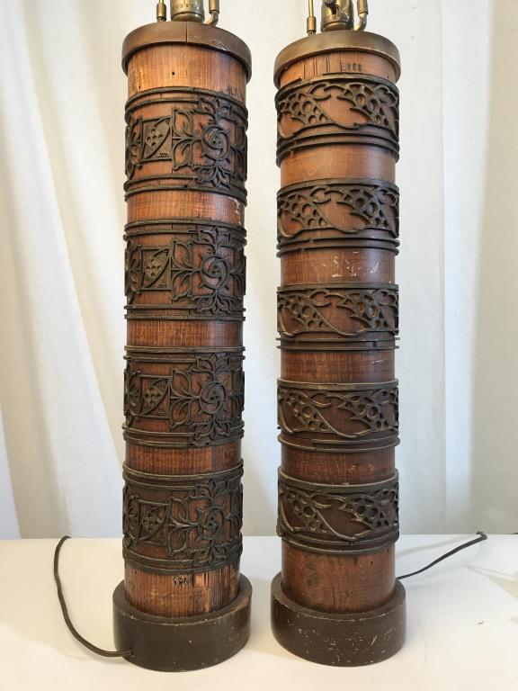 Pair Vintage Wallpaper Roller Pedestal Lamps: Pair of vintage reclaimed wallpaper roller printing block pedestal lamps. 1 lamp is marked for Robert Graves Co. along with ‘NPCA’.’ Patterns on each lamp differ. Each measures approx 36 inches 
