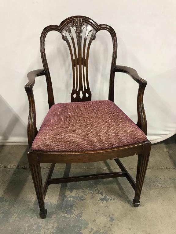 Vintage Chippendale Style Armchair: Vintage Chippendale Style Wooden Armchair With carved design, tapered front legs and upholstered seat, measures approximately 37.5 inches tall x 23 inches wide x 22 inches deep, some surface nicks to 