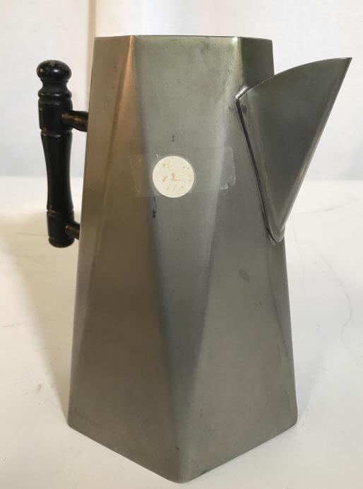 Antique Tall Metal Coffee Pot: Believed to be antique. Measures approximately 9 inches in height. Constructed from heavy-weight Metal. Some paint is chipped from handle. Hexagonal shaped base. Handle made from wood. Brand unknown. 