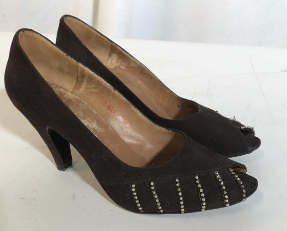 Vintage rosina ferragamo schiavone Heels: Appears to be suede. Vintage heels made in Spain. Size 6.5. Brown heels with beaded accents. Vintage wear on outside and inside of heel. Heels are approx 3 inches tall. Peep toe. Side of insole reads