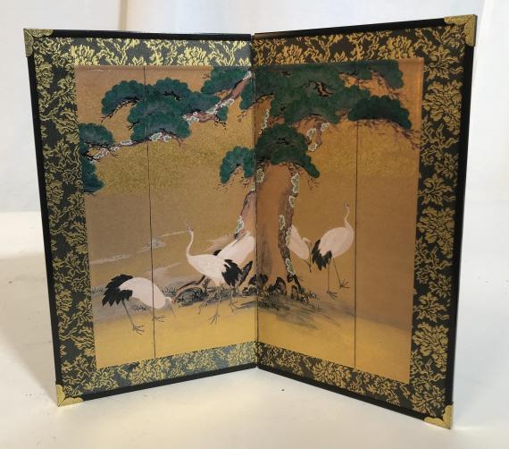 Vintage Chinese 2 Panel Cranes and Tree Art: 2 panel art piece painted on gold paper. Paper is mounted on a foldable board with a gold and green fabric. Appears to be hand painted. No signature found. Piece open measures approximately 10.5 inche