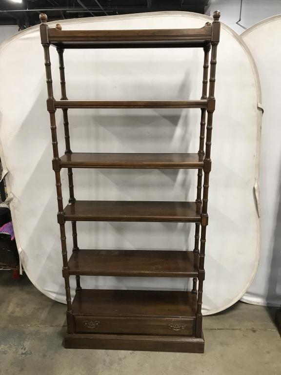 Vintage Ethan Allen Wooden Bookcase: marked on interior drawer, reads Ethan Allen Wooden Bookcase. Vintage Ethan Allen Wooden Five Shelf Bookcase With lower drawer, measures approximately 81 inches tall x 35.5 inches wide x 13 inches dee