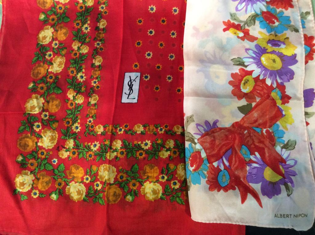 Assortment Silk, Cotton, Wool Fashion Scarves: Long rectangular and square scarves made out of silk , cotton, wool or polyester. Yellow silk scarves, pocket/neck silk, Burgundy floral, pink polka dot, YSL cotton red floral, & multi color floral, s