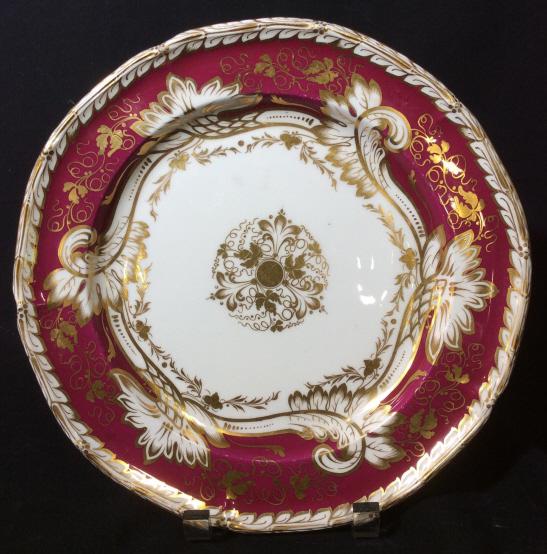Antique DAVENPORT Porcelain Plate: Rich berry tones and gold hand painted antique collectible porcelain, circa 1880, measures app 11 inches, 19th Century Porcelain, shelf piece tableware