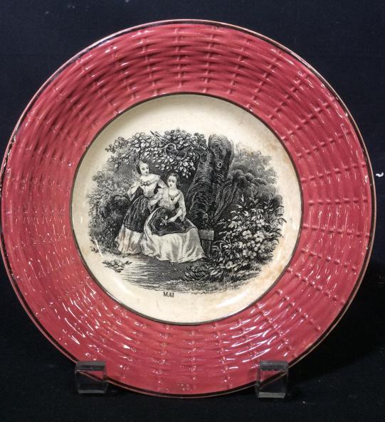 Antique French Porcelain Plate C1860: Porcelain plate, French Porcelain, 19th Century porcelain, Marked On underside France, trademarked And Marked DICOIN & SARREGUEMINES , Diameter app 7.5 inches tableware, romantic victorian garden scen