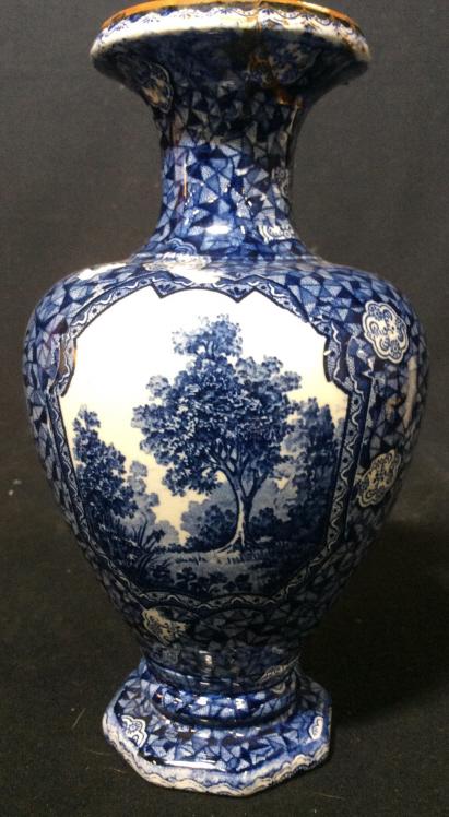 Early Villeroy and Boch Porcelain Vase: Has been repaired at neck, blue and white porcelain, marked trademarked Villeroy and Boch, Vase, Vessel, Tableware, ht app 9 inches