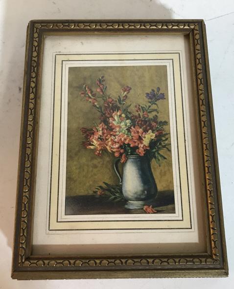 Vintage Wooden Jewelry Box w Mirror circa 1930: Wooden jewelry box circa 1930. Top of box features a framed art piece of a bouquet of flowers. Possibly a print. Mirror inside has vintage wear. Measures approximately 8 inches long. No evident brand