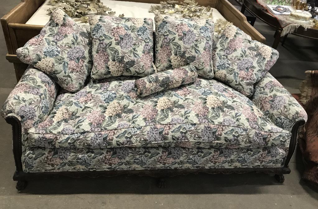 Antique C 1890 Carved Mahogany French Style Sofa: C 1890 Antique French Style Sofa With Carved Mahogany Base, Carved Claw Feet, apron, frame, and down & feather filled floral damask upholstery with welted trim. Upholstery is in a green, purple and bl