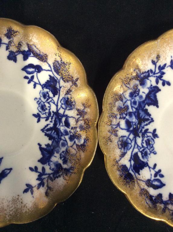 Pr Antique English Flow Blue Porcelain Saucers: Antique English porcelain, circa 1880, 19 th Century porcelain,plates, Saucers, Tableware, Collectibles, each measures diameter app 5.5 inches