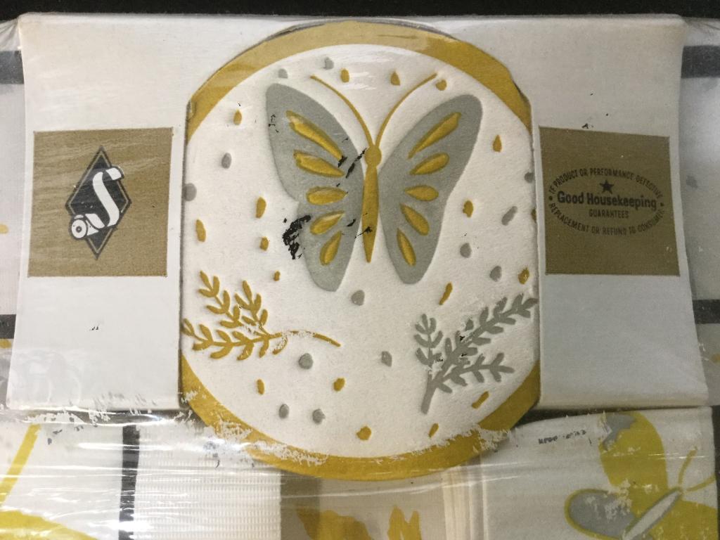 Retro Luncheon Napkin Set, In Original Package: Autumn maple leaf, butterfly and leaf design paper napkin, place mat & coaster set. 20 of each. Label reads ‘ Placettes’. Sort Products Co. Package measures 10 x 15 in. Retro Paper Napery, Place M