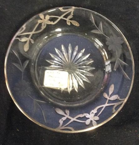 Antique Sterling on Glass Plate: American Circa 1920 glass plate with sterling silver overlay, diameter app 5 inches, tableware, luxury design. shelf piece