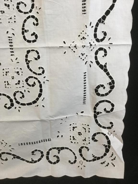 Square Linen Scroll Tablecloth, Vintage: All White, Crisp, Clean Linen with machine embroidery scrolls. Scalloped edges. 31 x 32 in. approx. Vintage Tabletop, Vintage Square Table Cover, Square Tablecloth, Kitchen Accessory, Bed & Breakfast