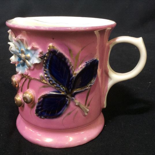 Antique Porcelain Shaving Mug Germany: Pink glaze paste up florals, marked underside with crown hallmark and Germany, circa 1880, 19th Century Antique Porcelain, Shaving Mug, mustache cup, collectible ht app 4 inches