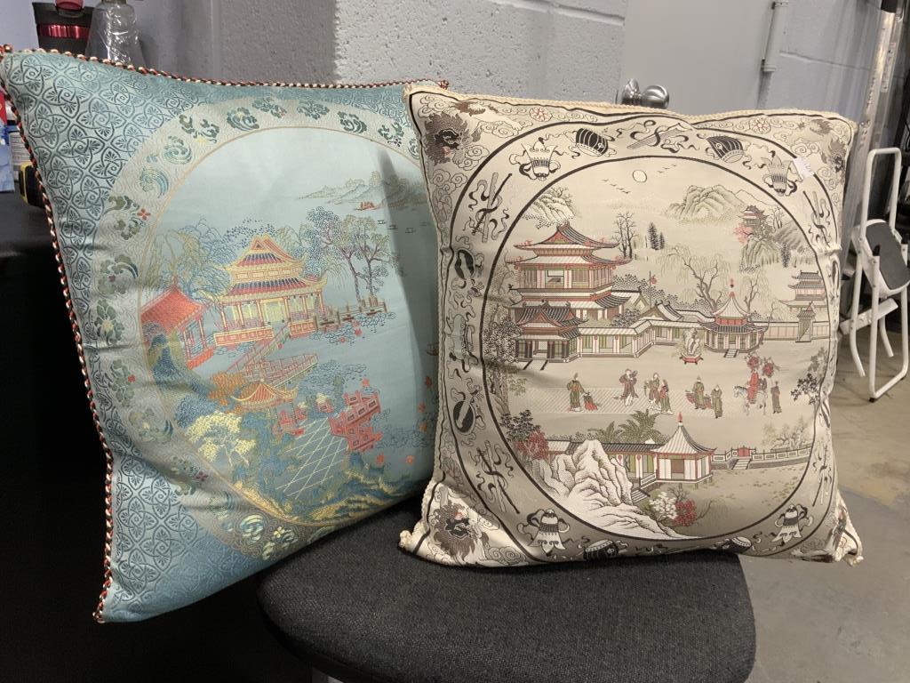 Pr Asian Silk Throw Pillows chinoiserie, Chinese: Chinese silk pillows both have tears alone seams central design in tact, Asian decorative accessories, asian arts and crafts, home accent, toss pillows, home decor each measures app 18 inches square