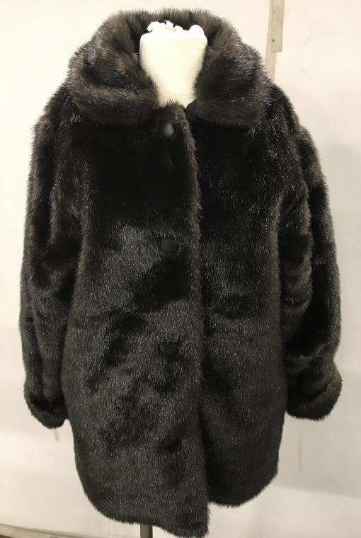 Faux Mink Mid Length Reversible Coat: Four large buttons down center, 2 side pockets, rolled cuffs. Length, 31 in. Arm length, 27 in. from mid shoulder. Fully lined, clean hems. Waist approx 44 in. Tried on, Size L. Reversible Jacket, Fau
