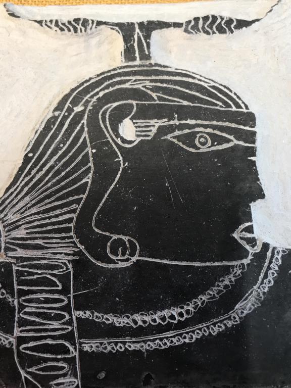 Reductive Pharaoh Art Piece: Reductive art piece mounted on possibly yellow burlap. Art measures approximately 10 by 8 inches and whole piece measures approximately 15 by 12 inches. Burlap is not secured tight to board, Not signe