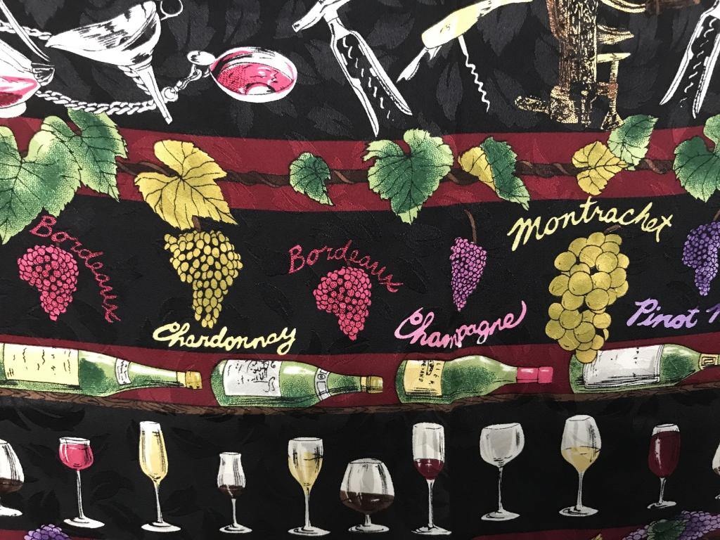 Vntg. Nicole Miller Grapes & Wines Lrg Silk Scarf: Label reads Nicole Miller Copyright 1993, additional label marks ‘ Hand Sewn, 100% Silk, Made In Korea RN 62444’. 43.5 x 43.5 in. approx. Luxury Nicole Miller Accessory, Silk Scarf, Wrap, Sheathe,