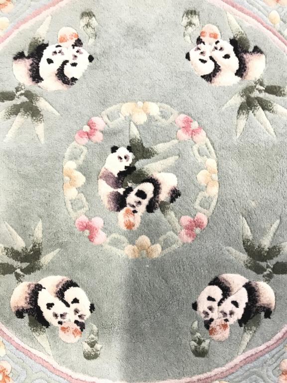 WOVEN LEGENDS Chinese Art Deco Circular Rug: Rug is wool and handmade. Piece is vintage. Contains fringes. Has panda, floral and leaf detail. Measures approx 3 feet wide. rug, carpet arts and crafts, decorative arts and design, home decor, inter