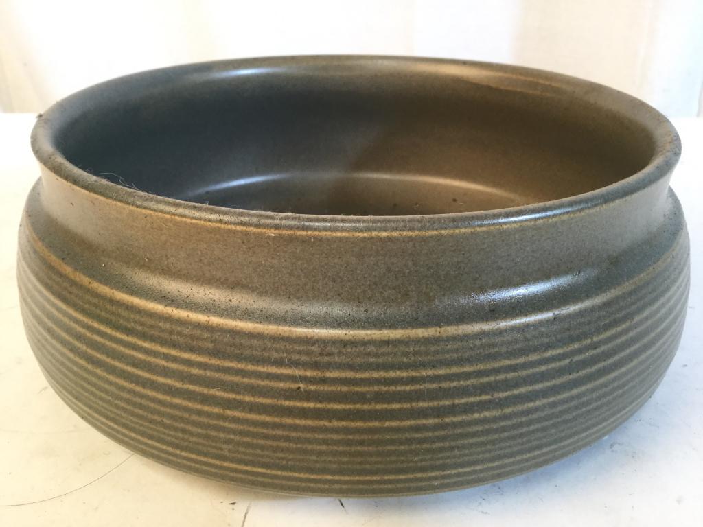 Scandinavian Studio Art Pottery MCM Ceramic Bowl: Bowl is ceramic. Piece is Possibly Danish. Bowl has a dark slate green tone. Possibly Handmade. Measures approx 10 inches wide 3.5 inches tall. tableware, fruit bowl, shelf piece, decorative arts and 