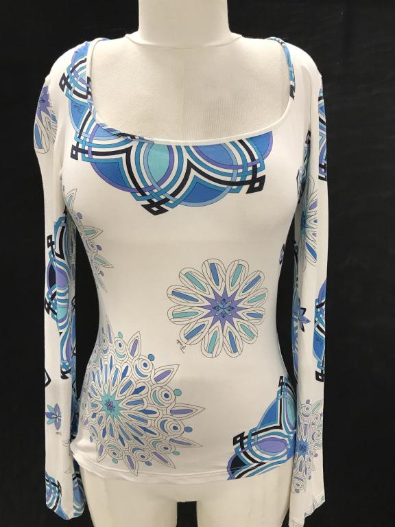Luxury EMILIO PUCCI Floral Mandala Long Sleeve Tee: Made in Italy. Wide Crew Neck. White background with blues and lavender floral & geometric mandala designs. Long Sleeves. Size M. 90% Rayon, 10 % Elastic. Faint Blemishes under arms, might need spot c