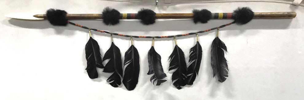 Antique Native American Beaded Spear: Antique traditional Native American beaded, feathered and leather wrapped wooden spear, decorative weapon. Appears to have carved bone arrowhead. Black tone fur details. Measures approx 46.5 inches in