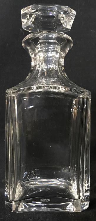 Signed BACCARAT Crystal Decanter W Stopper: Watermark on underside for BACCARAT. Measures approx 8 inches in height by 3 inches squared in width and depth. Baccarat Crystal Glass Decanter, stopper, Crystal barware, bar accessories, decorative t