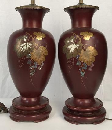 Pair Japanese Monumental Lamps: Pair of Japanese Monumental Urn Shaped Red Table Lamps, each painted with gold and enamel vines, on wooden bases, brass column to small harps, no finials, marked on bottom Made in occupied Japan, Mari