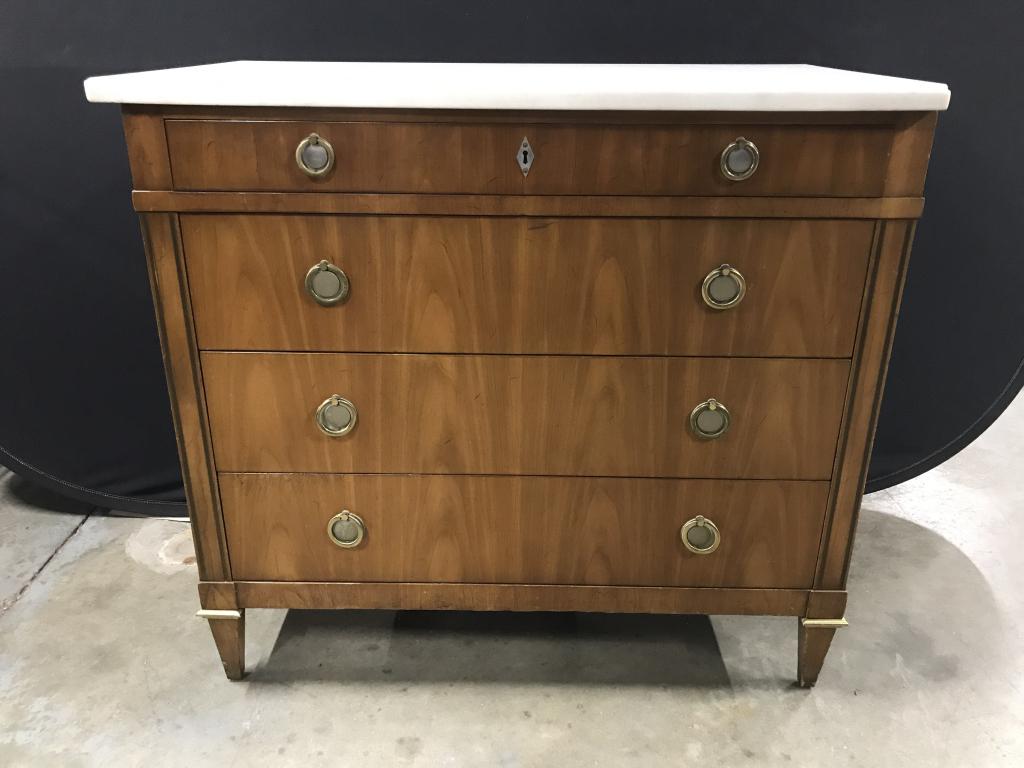 Vintage John Widdicomb Marble Topped Dresser: Vintage John Widdicomb Marble Topped Dresser, brown toned wooden base with tapered legs and brass toned metal circular drawer pulls, marked on interior of top drawer John Widdicomb, measures approxima