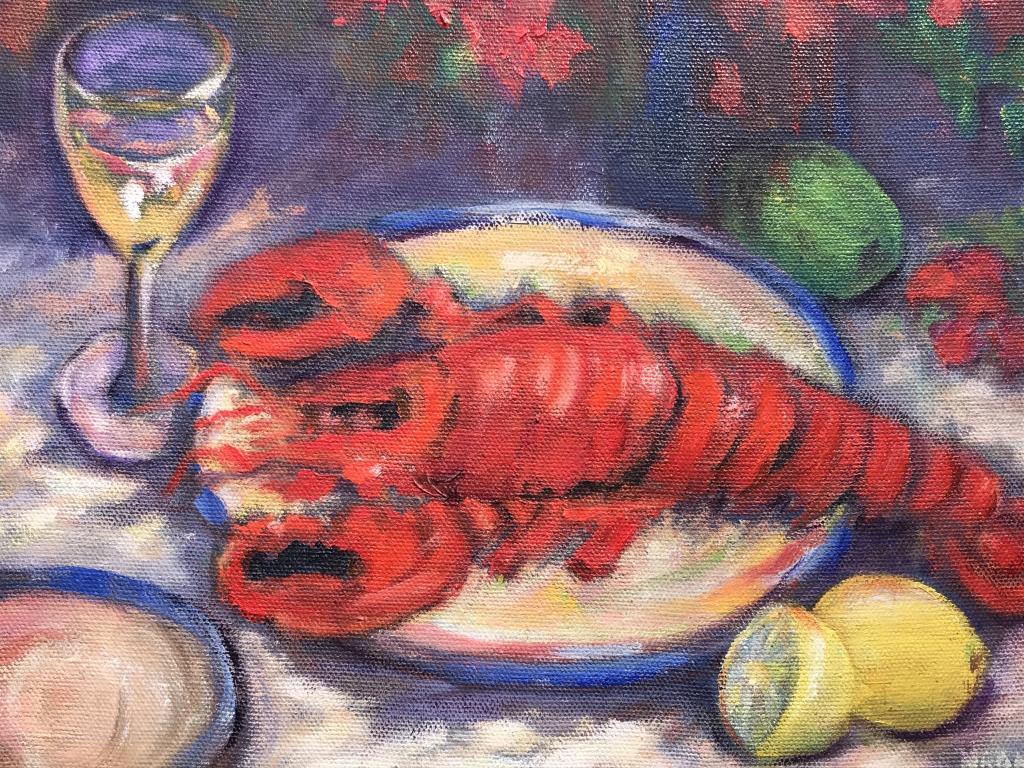 Signed Naomi C. Oil on Canvas, Red Lobster: Signed Naomi C. In lower right corner, Oil Painting on canvas depicts bright red lobster on dinner plate. Verso has artist full illegible signature, along with date 1995. Canvas is set in gold brushed
