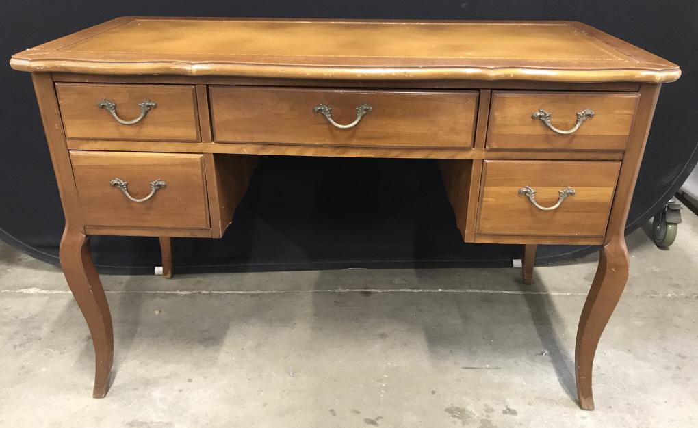 Vintage French Style Writing Desk: Vintage French Style Writing Desk With Leather Top And Brass Toned Metal drawer pulls, measures approximately 44 inches long x 21 inches wide x 29.5 inches tall, Marks and scratches to rip and sides d