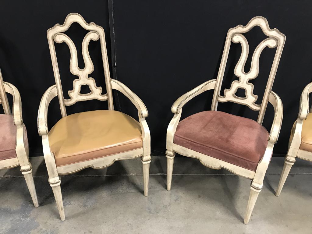 Set 4 Vintage Italian Carved Wooden Arm Chairs: Set 4 Vintage Italian Carved Wooden Arm Chairs With cream toned antiqued painted finish, two with leather seats, two with upholstered seats, measures approximately 42 inches tall x 22 inches wide x 23
