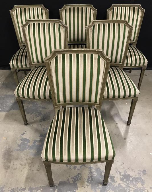Set 6 C1920 French Art Deco Style Chairs: Set 6 C1920 French Art Deco Style Chairs in olive toned painted finish with green, grey and beige toned striped velvet upholstery and welted trim. Chips to paint due to age and use, measures approxima