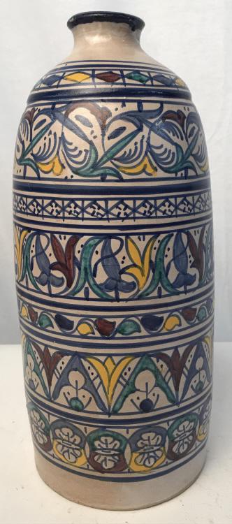 Moroccan Hand-Painted Artisan Ceramic Jug: Moroccan ceramic jug, Hand-Painted with moorish pattern in tones of yellow, blue, aqua-green, and maroon. Possibly made in Fes, Morocco, c. 1970s. Measures approx 13 inches in height by 5.4 inches in 