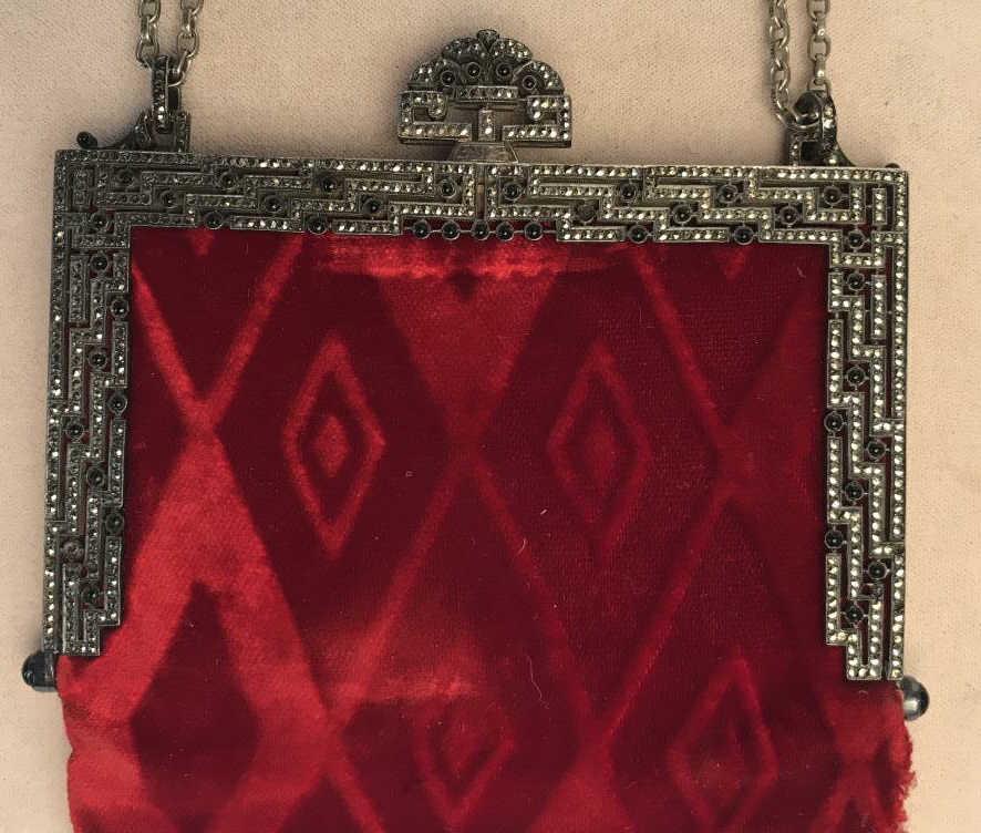Art Deco Wristlet Purse W Marcasite Clasp: Victorian Style wristlet purse with marcasite, rhinestone encrusted clasp frame and closure with chain strap. Vibrant red velvet pouch. Measures approx 8.5 inches in height by 4.4 inches in width. Dro