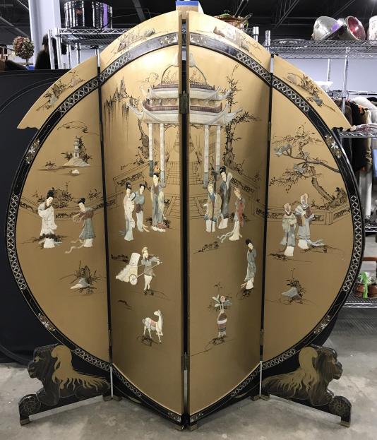 Vintage Hand Painted Oriental Four Panel Screen: Vintage Oriental Four Panel Screen, Circular in shape with hand painted and hand carved Asian figurals in courtyard scene over black and gold toned painted background, possibly carved soapstone, three