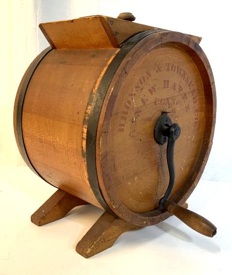 C1890 Antique Hand Crank Butter Churn: Antique Wood butter churn has stenciled cow design , stenciled company name in block print reads Bronson & Townsend Co, New Haven, Conn, iron and wood hand crank, carved feet, framed barrel shaped chu