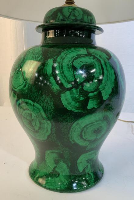Green Swirl Patterned Ceramic Lamp: Green swirl malachite pattern ceramic pottery lamp in ginger jar form, with silk string lamp shade, ht app 28 inches to finial, diameter app 11 inches, ceramic lamp, lighting, decorative arts